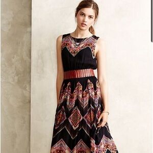 Anthropologie Tanvi Kedia Black Midi Dress Multicolored Boho Embroidery Size 4